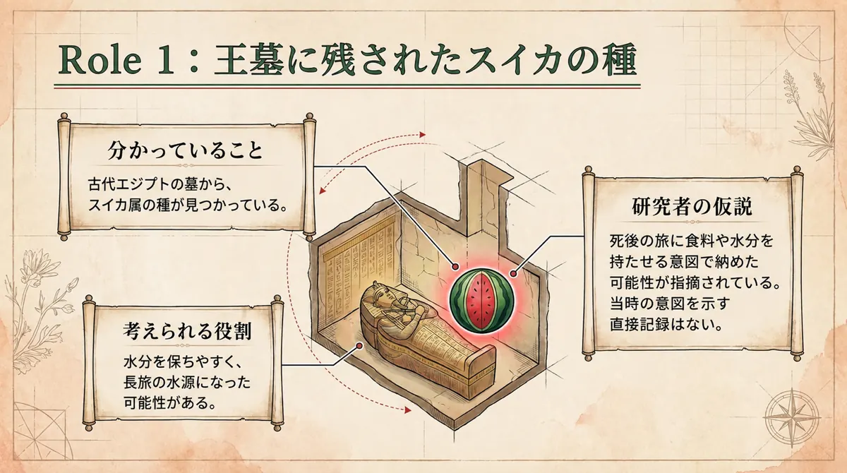 古代エジプトの墓からスイカの種が見つかった考古学的事実と、供え物だった可能性を区別して示した図