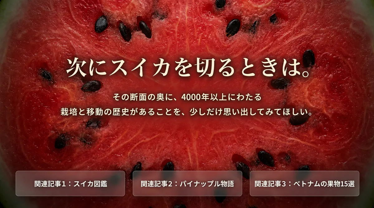 スイカの断面を背景に、長い歴史に思いをはせる記事の結びと関連記事への案内を示した画像