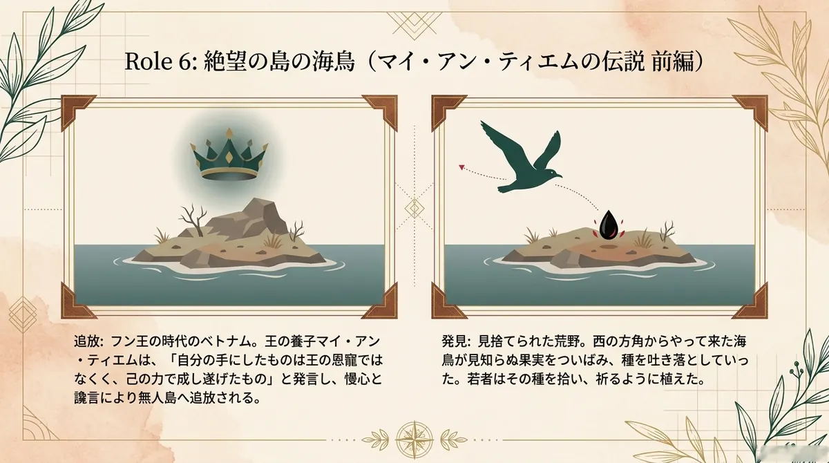 左に王冠と無人島を描き「追放」を、右に海鳥が果実をついばみ種を吐き落とす様子を描き「発見」を示した、マイ・アン・ティエムの伝説(前編)の図
