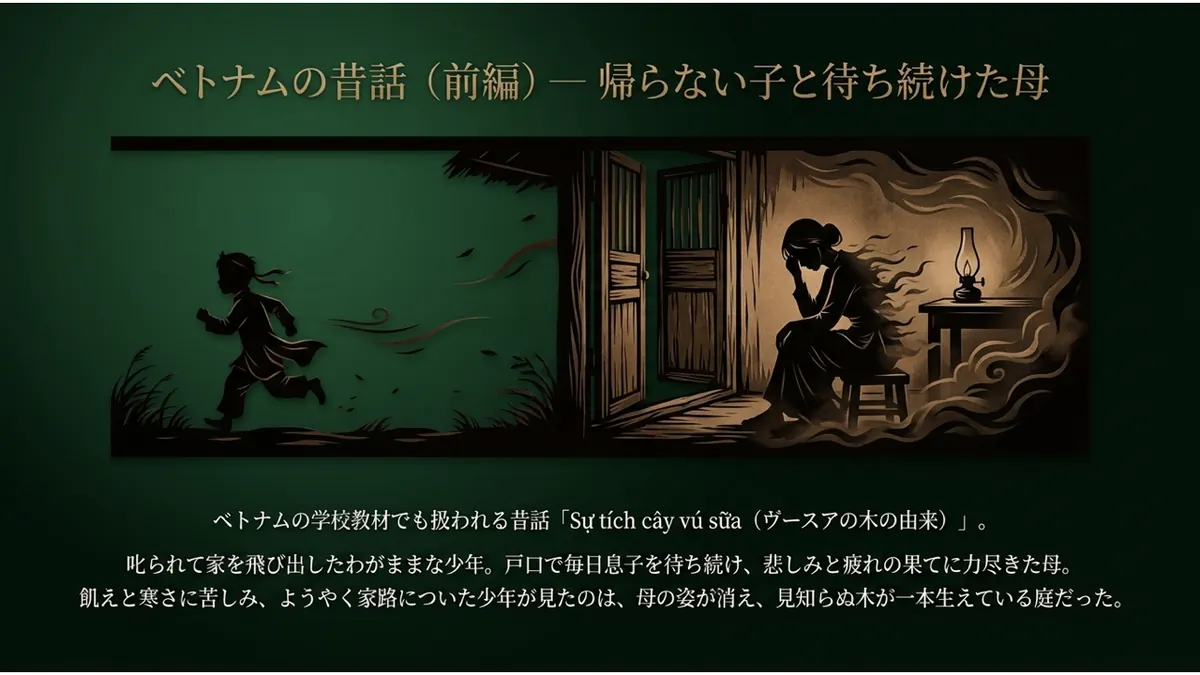 ベトナムの昔話(前編)—帰らない子と待ち続けた母。ベトナムの学校教材でも扱われる昔話「Sự tích cây vú sữa(ヴースアの木の由来)」。叱られて家を飛び出したわがままな少年。戸口で毎日息子を待ち続け、悲しみと疲れの果てに力尽きた母。飢えと寒さに苦しみ、ようやく家路についた少年が見たのは、母の姿が消え、見知らぬ木が一本生えている庭だった