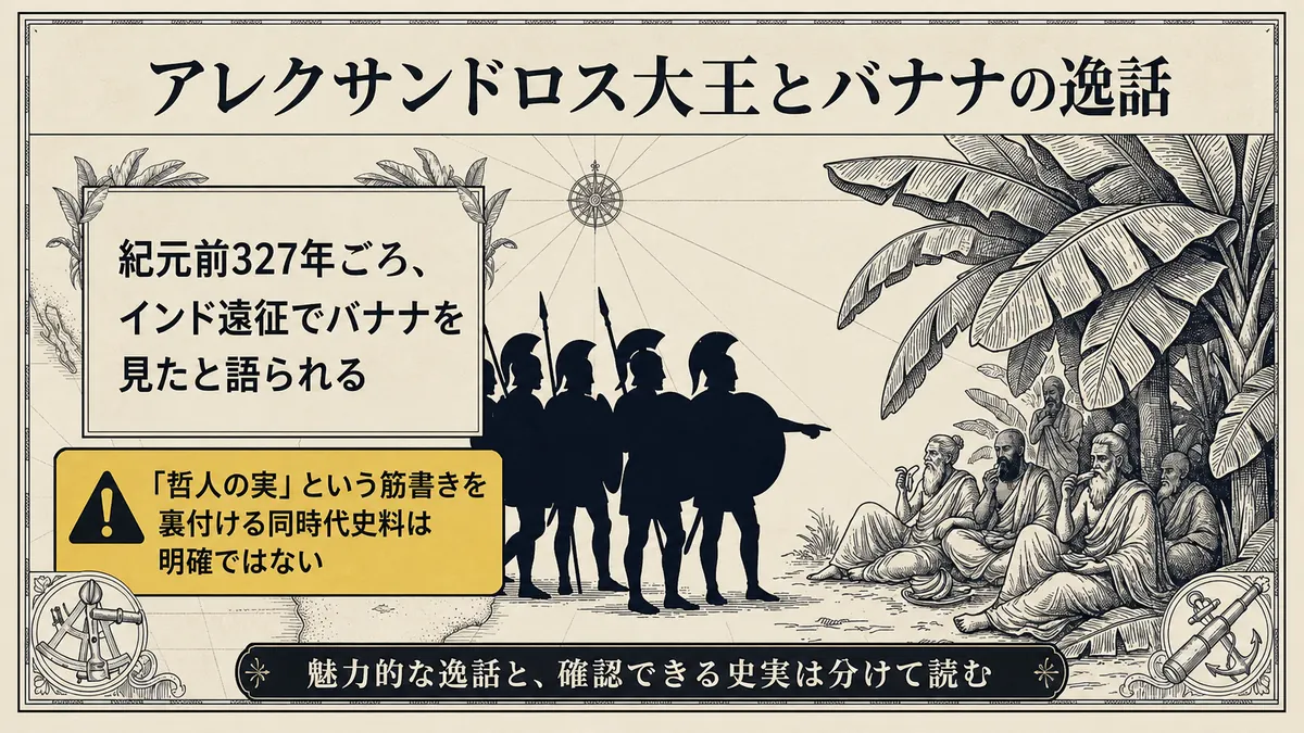 アレクサンドロス大王の軍隊とバナナの木陰の哲人を描き、インド遠征でバナナを見たという逸話と、「哲人の実」を裏付ける同時代史料は明確でないという注意を示した図