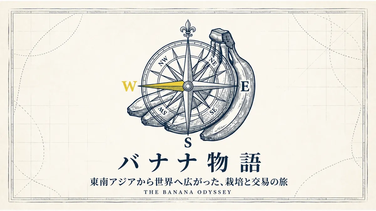 古地図風の背景にバナナと羅針盤を描き、「バナナ物語―東南アジアから世界へ広がった、栽培と交易の旅」と記したタイトル画像