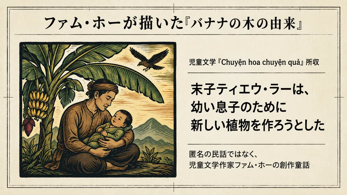 バナナの木の下で父親ティエウ・ラーが幼い息子を抱く木版画風の絵と、ファム・ホーの創作童話であることを示した図