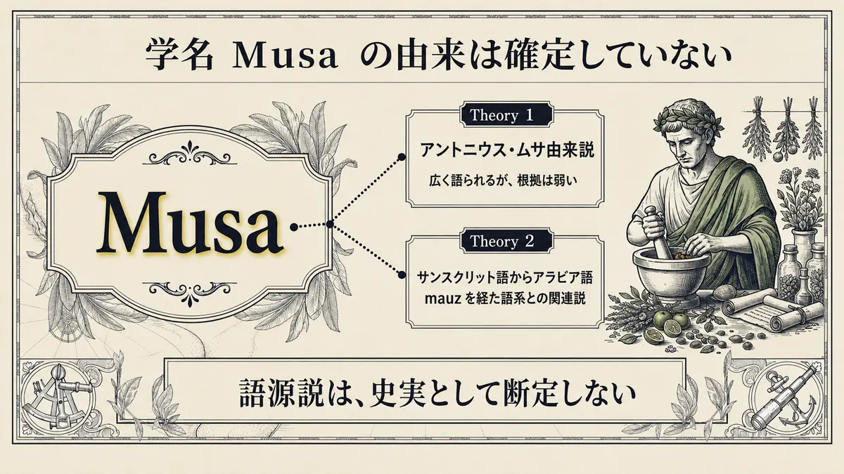 学名Musaについて、アントニウス・ムサ由来説と、サンスクリット語からアラビア語mauzを経た語系との関連説を並べ、由来は確定していないと示した図