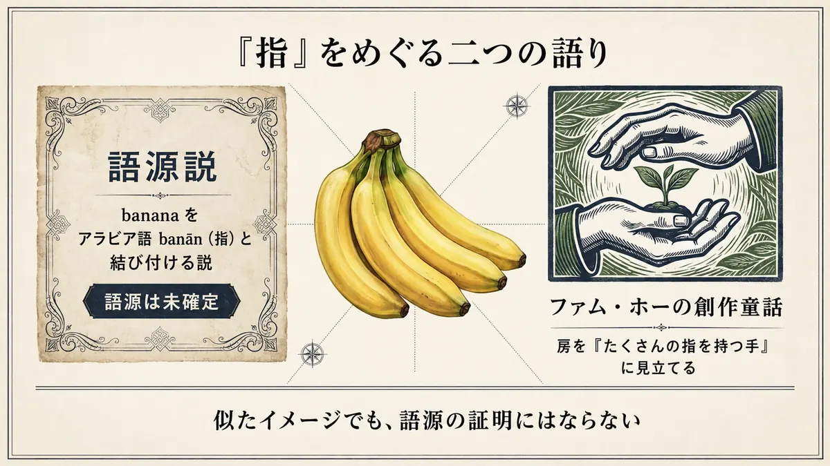 中央のバナナを挟み、アラビア語banānと結び付ける未確定の語源説と、房を多くの指を持つ手に見立てたファム・ホーの創作童話を並べた図