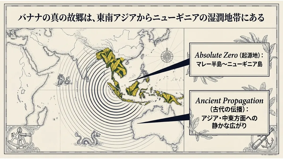 東南アジアからニューギニア島にかけての地図に、起源地(マレー半島〜ニューギニア島)と、そこからアジア・中東方面へ古代に静かに広まっていった伝播の様子を波紋状に示した図