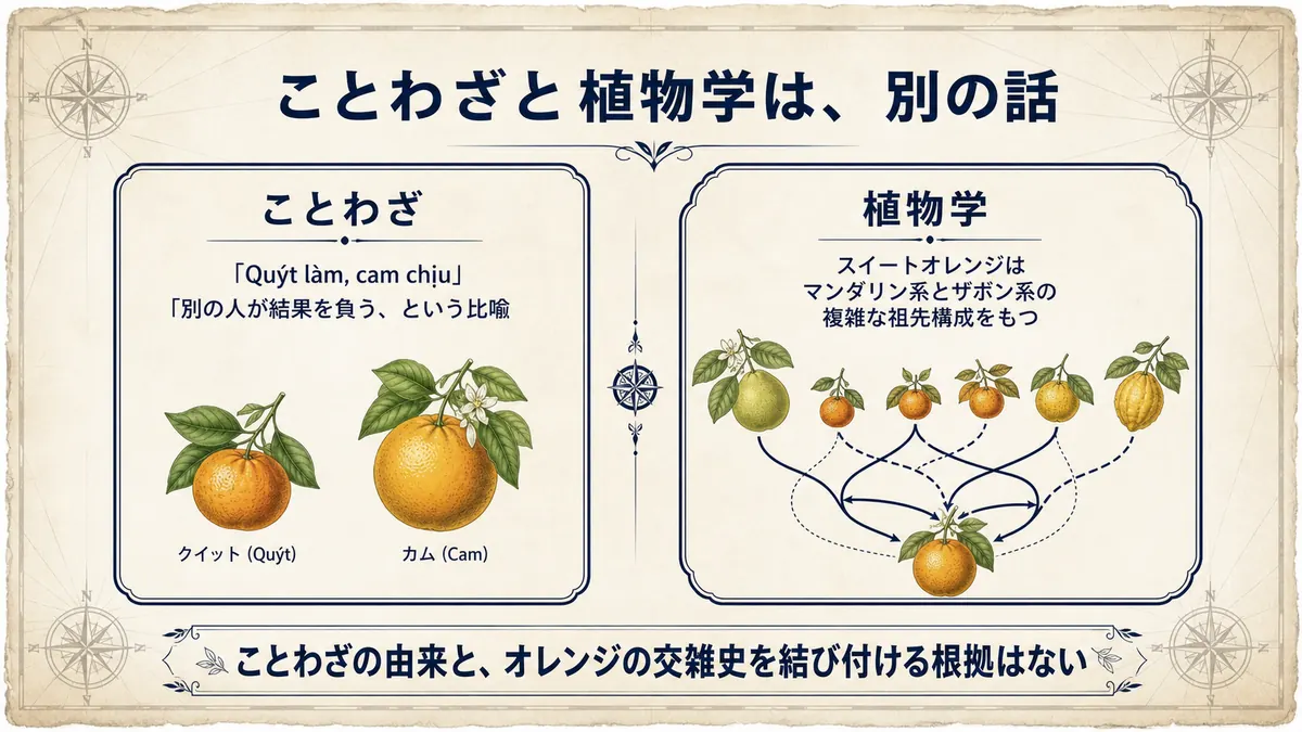 ことわざとしての比喩と、マンダリン系・ザボン系が複雑に関わるスイートオレンジの祖先構成を分け、両者を結び付ける根拠はないと示した図