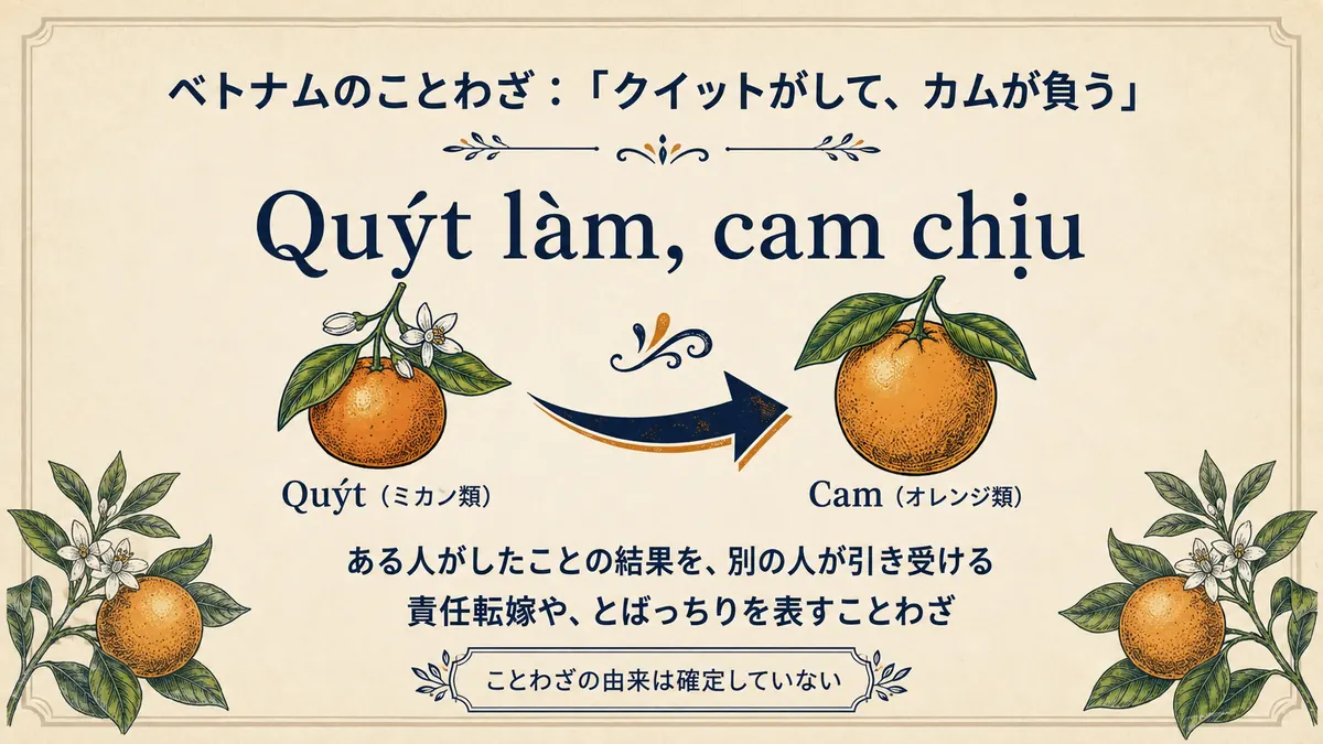Quýt làm, cam chịuというベトナムのことわざについて、別の人が結果を負うという意味と、由来は確定していないことを示した図