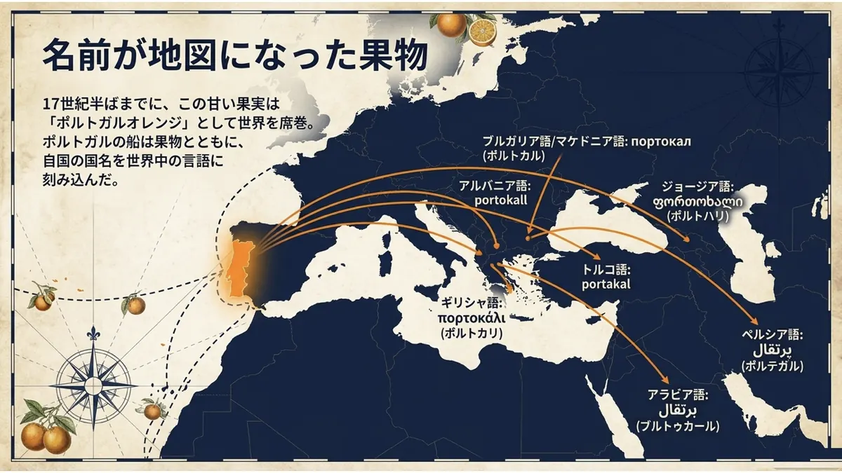 ポルトガルを起点に、ギリシャ語(portokali)・トルコ語(portakal)・アルバニア語(portokall)・ブルガリア語/マケドニア語(portokal)・ジョージア語(p'ort'okhali)・ペルシア語(porteghâl)・アラビア語(burtuqal)へ矢印が伸びる地中海・中東の地図