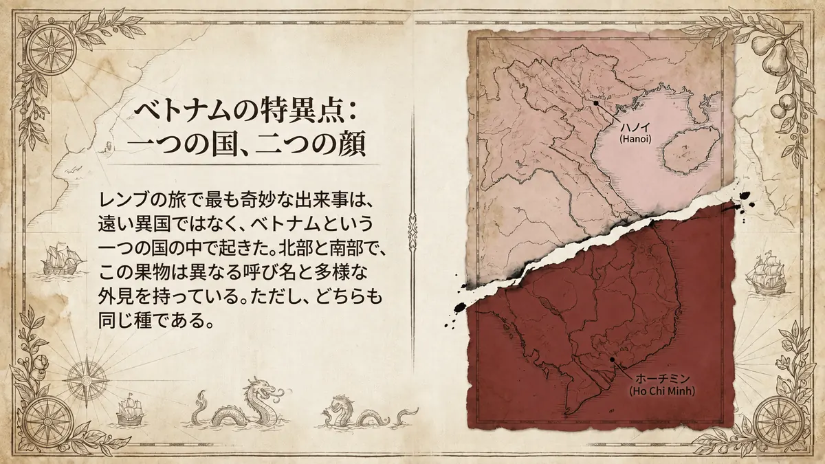 ベトナムの地図を、ハノイのある北部とホーチミンのある南部で引き裂いたように上下に分けて描き、この果物が北部と南部で異なる呼び名と多様な外見を持つ一方、同じ種であることを示した図