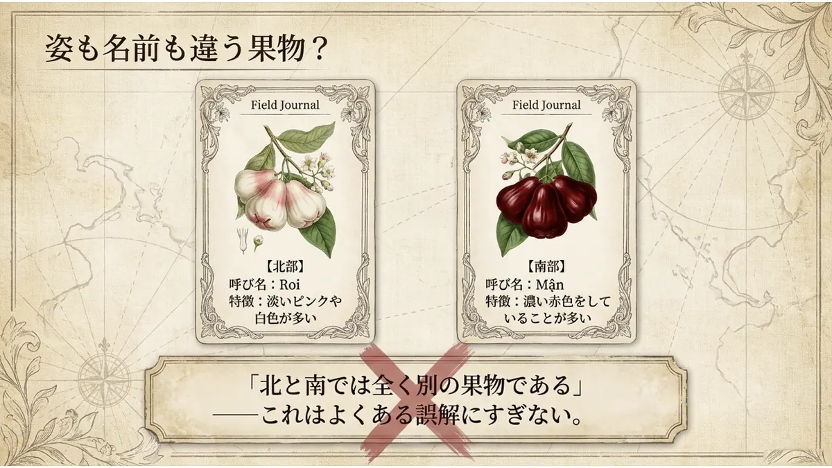 淡いピンクや白色が多い北部の「Roi」と、濃い赤色が多い南部の「Mận」を植物画のカードで並べ、その下の「北と南では全く別の果物である」という文に大きなバツ印を重ねて、それがよくある誤解にすぎないと示した図