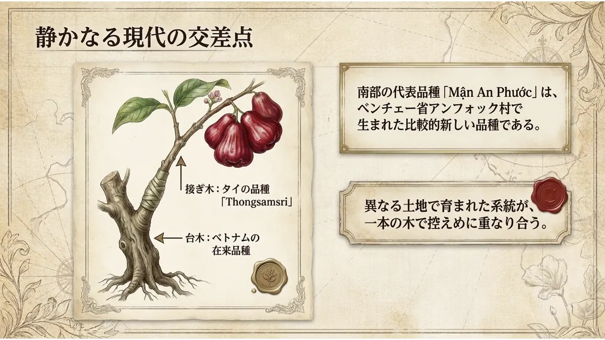 ベトナムの在来品種の台木に、タイの品種「Thongsamsri」を接ぎ木した一本の木の植物画。南部の代表品種「Mận An Phước」がベンチェー省アンフォック村で生まれた比較的新しい品種であることを説明