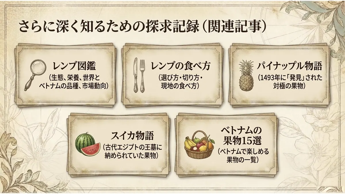 レンブ図鑑、レンブの食べ方、パイナップル物語、スイカ物語、ベトナムの果物15選という5つの関連記事を、探求記録のカードとして並べた図