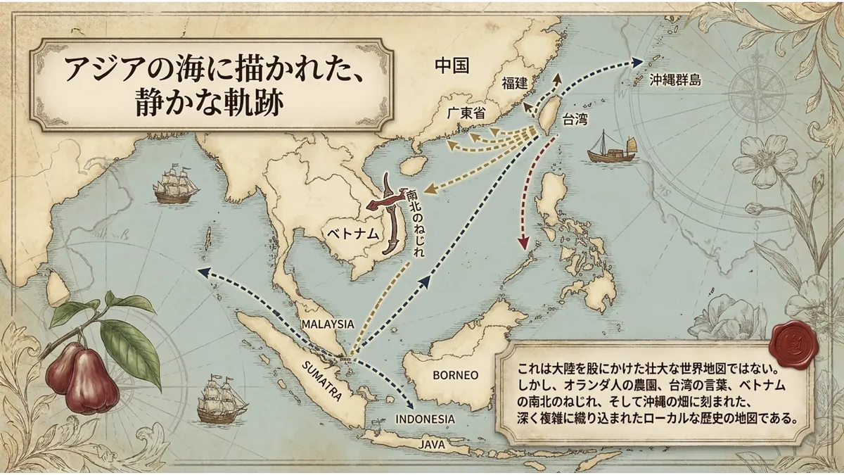 アジアの海域を描いた古地図の上に、マレー半島・ジャワ島から台湾へ、台湾から中国南方と沖縄群島へ、そしてベトナムの南北のねじれへと伸びる経路を破線で重ねた図