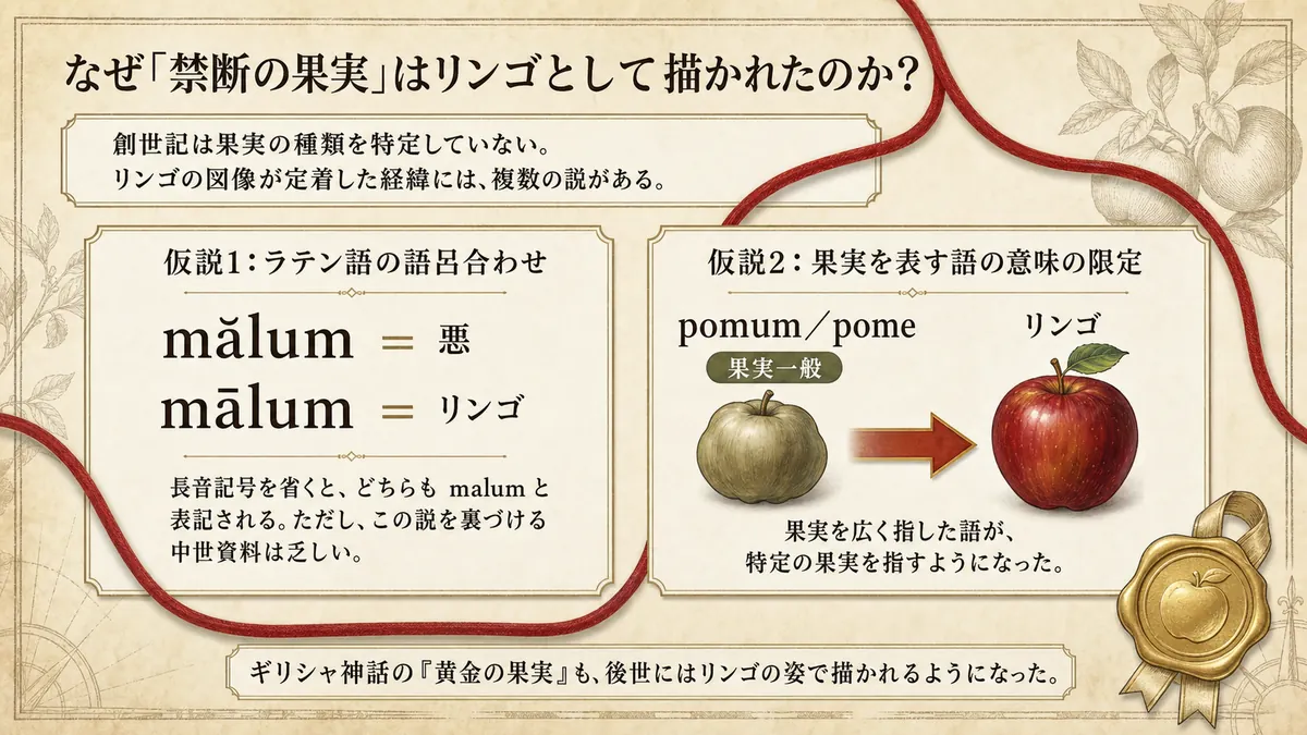 禁断の果実がリンゴとされた2つの言語学的仮説を示す図