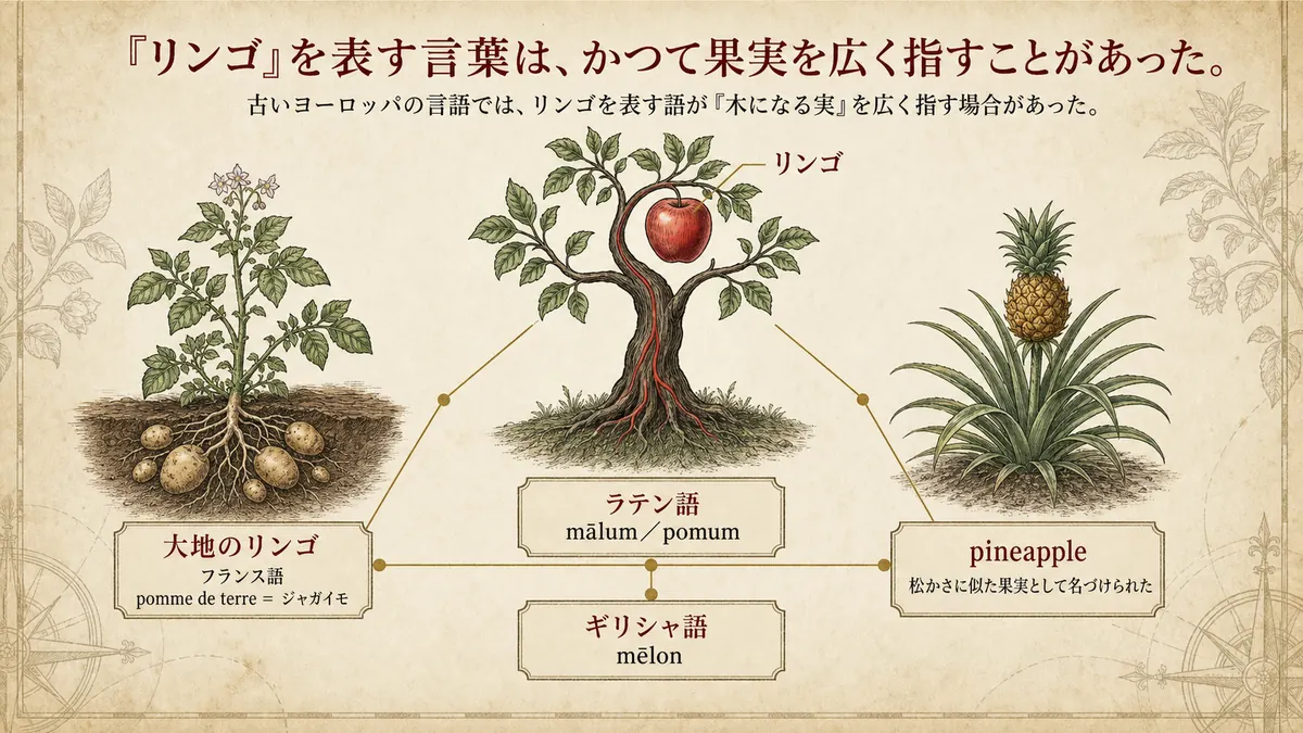 ラテン語・ギリシャ語で「リンゴ」が果実全般を指した経緯を示す図