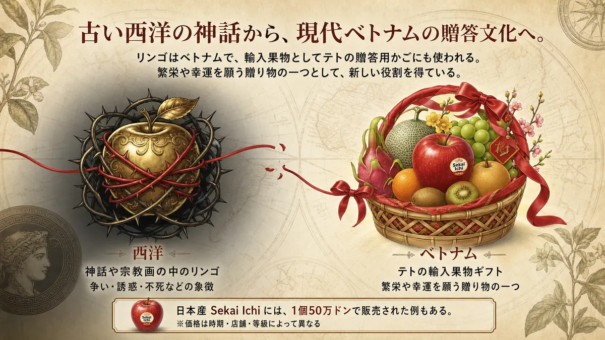 西洋神話のリンゴから現代ベトナムの贈答文化への変化を示す図
