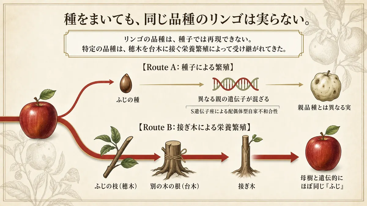 リンゴが種でなく接ぎ木で増やされる理由を示す図解