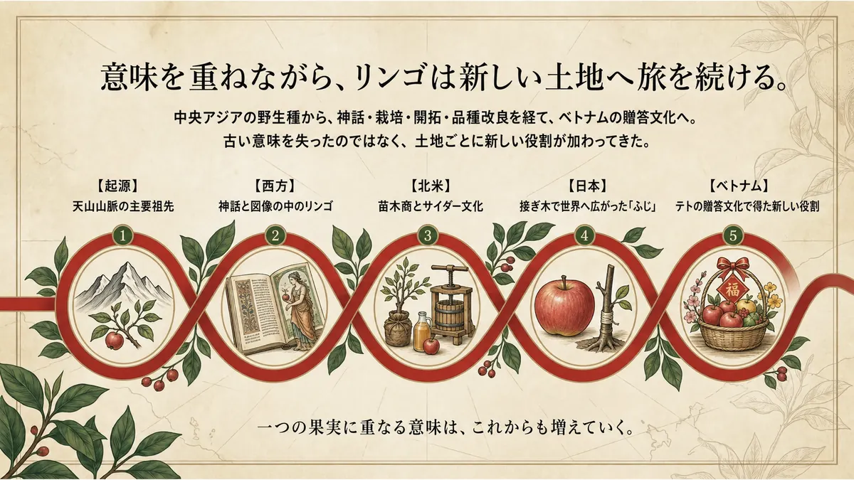 リンゴが世界を巡った5つの土地を結ぶ総括図