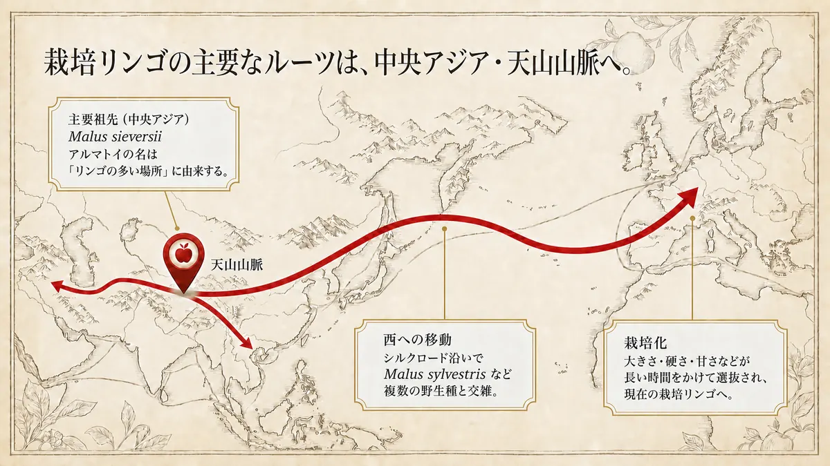 栽培リンゴの起源地・天山山脈から西へ伝播した経路を示す地図