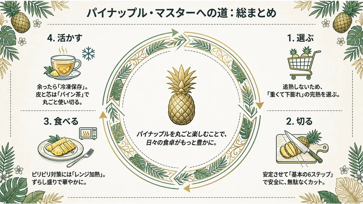 パイナップルの選び方・切り方・食べ方・活用方法をまとめた図