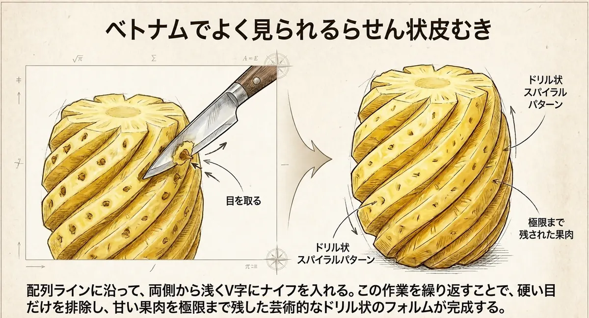 パイナップルの目を斜めにV字に取り除き、らせん模様に仕上げる方法を示した図