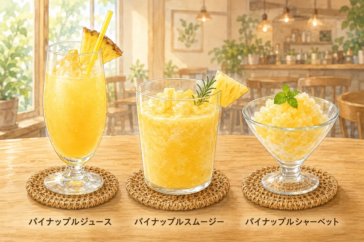 パイナップルジュース、スムージー、シャーベットの盛り付け例