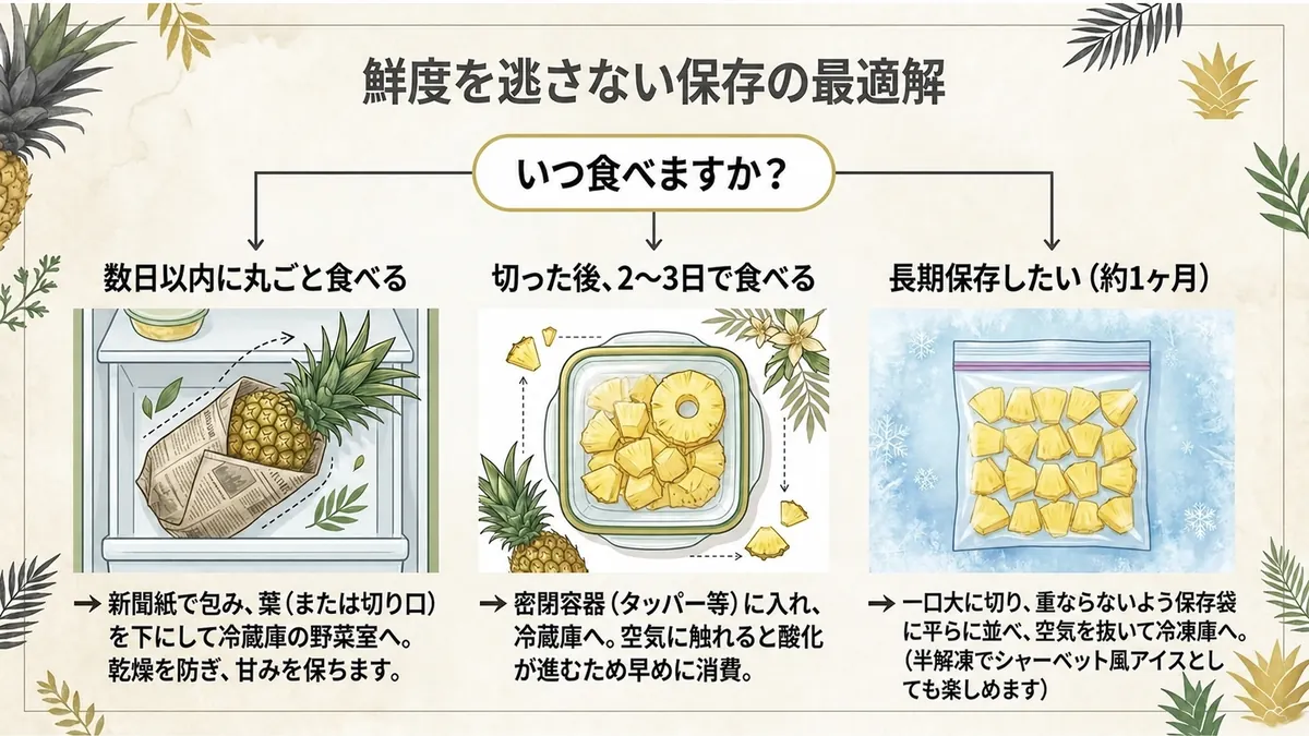 丸ごと・カット後・冷凍のパイナップルの保存方法を比較した図