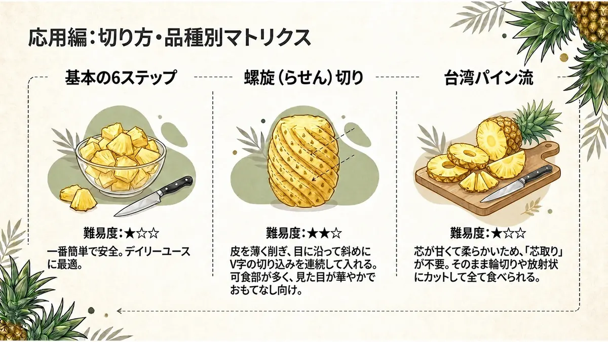 基本の角切り・らせん切り・輪切りなど、パイナップルの切り方を比較した図