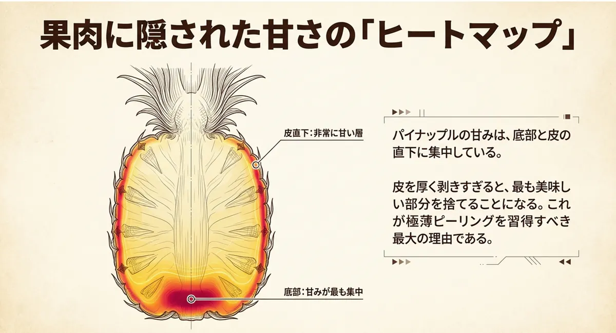 パイナップルの皮に近い部分と底側の甘みを示した断面図