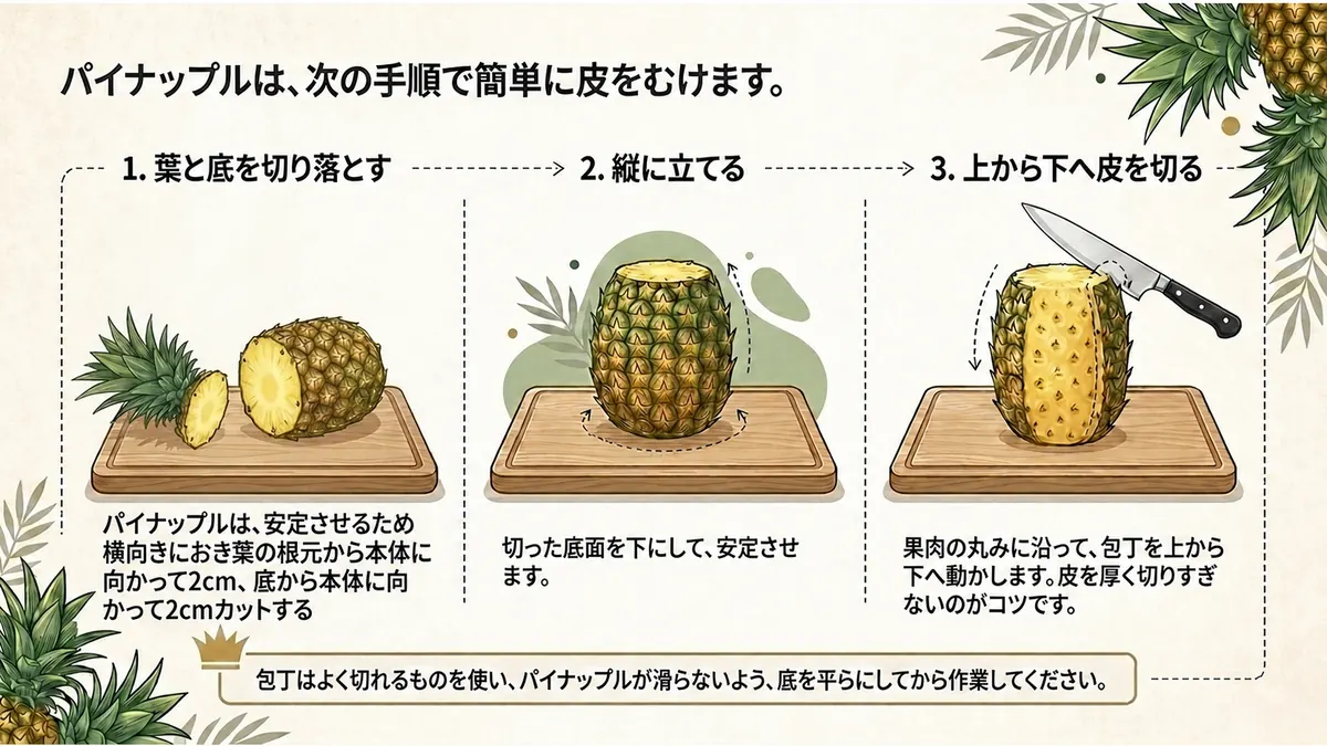 パイナップルの葉と底を切り、縦に立てて皮をむく手順1から3の図