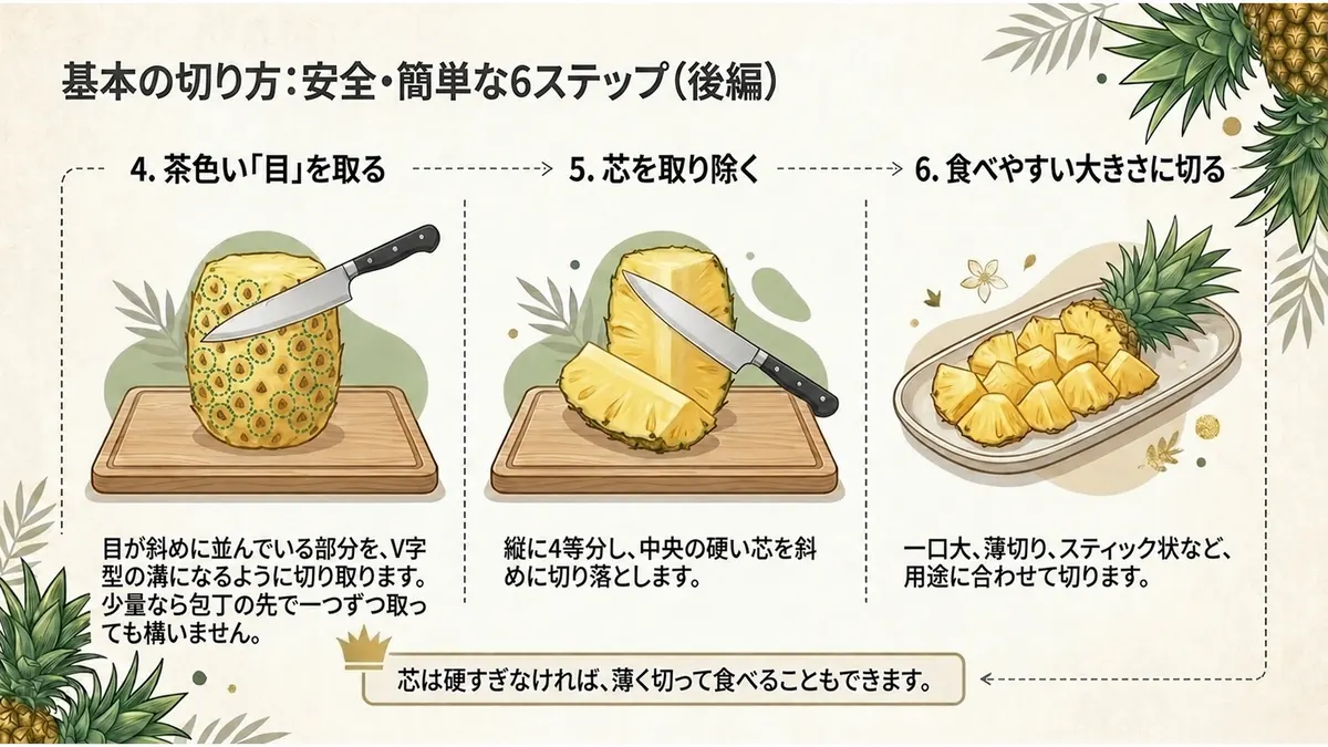 パイナップルの目と芯を取り除き、食べやすい大きさに切る手順4から6の図