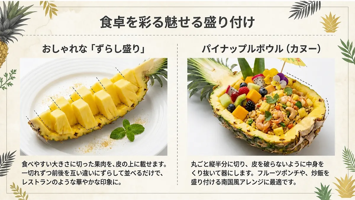 パイナップルのずらし盛りと、皮を器に使った盛り付け例