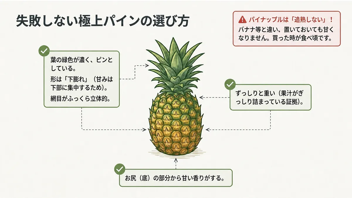 葉・形・網目・重さ・底の香りからパイナップルの食べ頃を確認する図