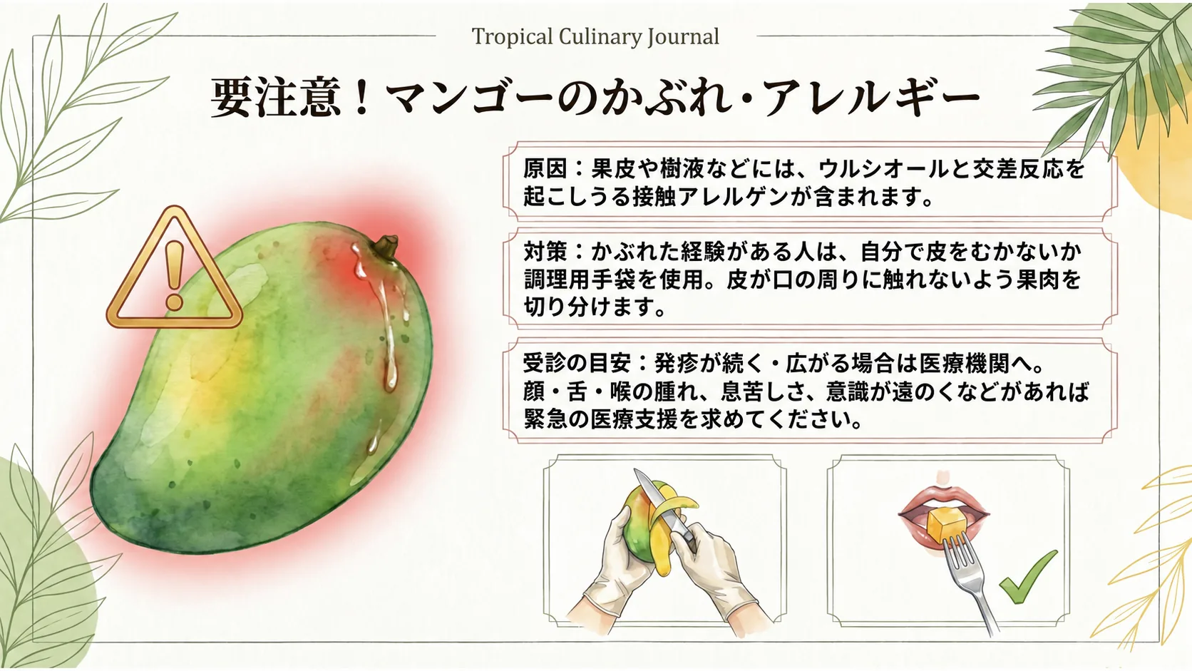 マンゴーのかぶれとアレルギーについて、原因、予防策、受診の目安を示した注意図
