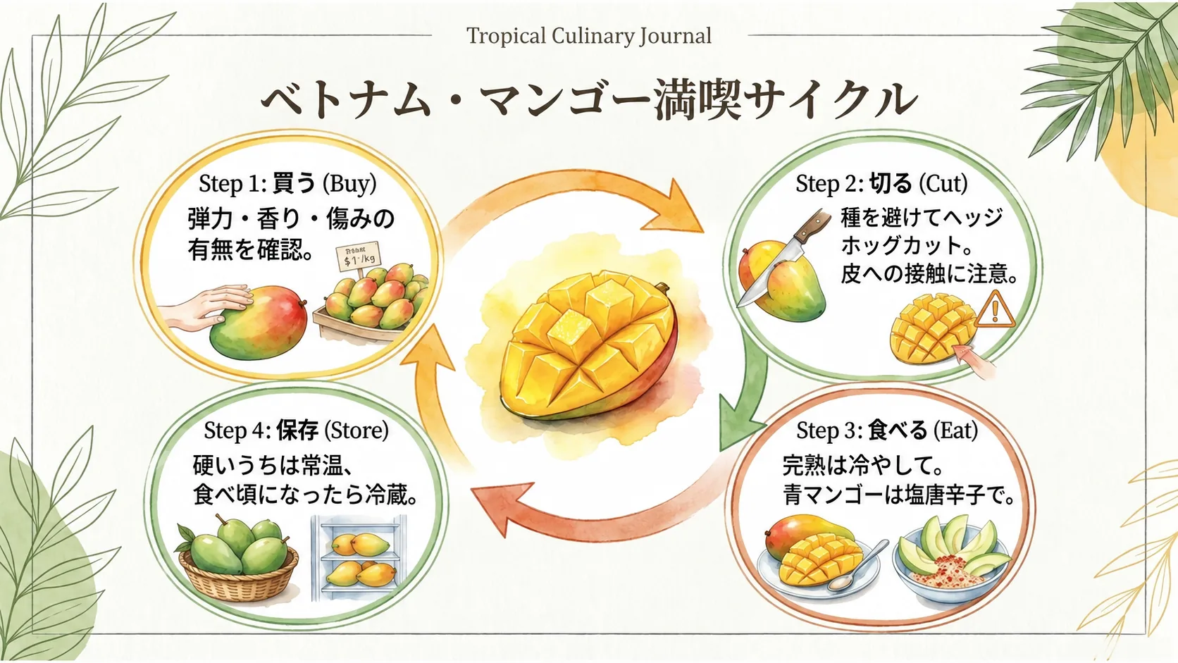 マンゴーを買う、切る、食べる、保存する4段階を円環で示したまとめ図