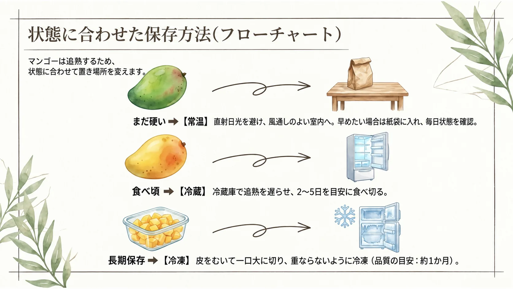硬いマンゴーの常温追熟、食べ頃の冷蔵、切った果肉の冷凍を示す保存フローチャート