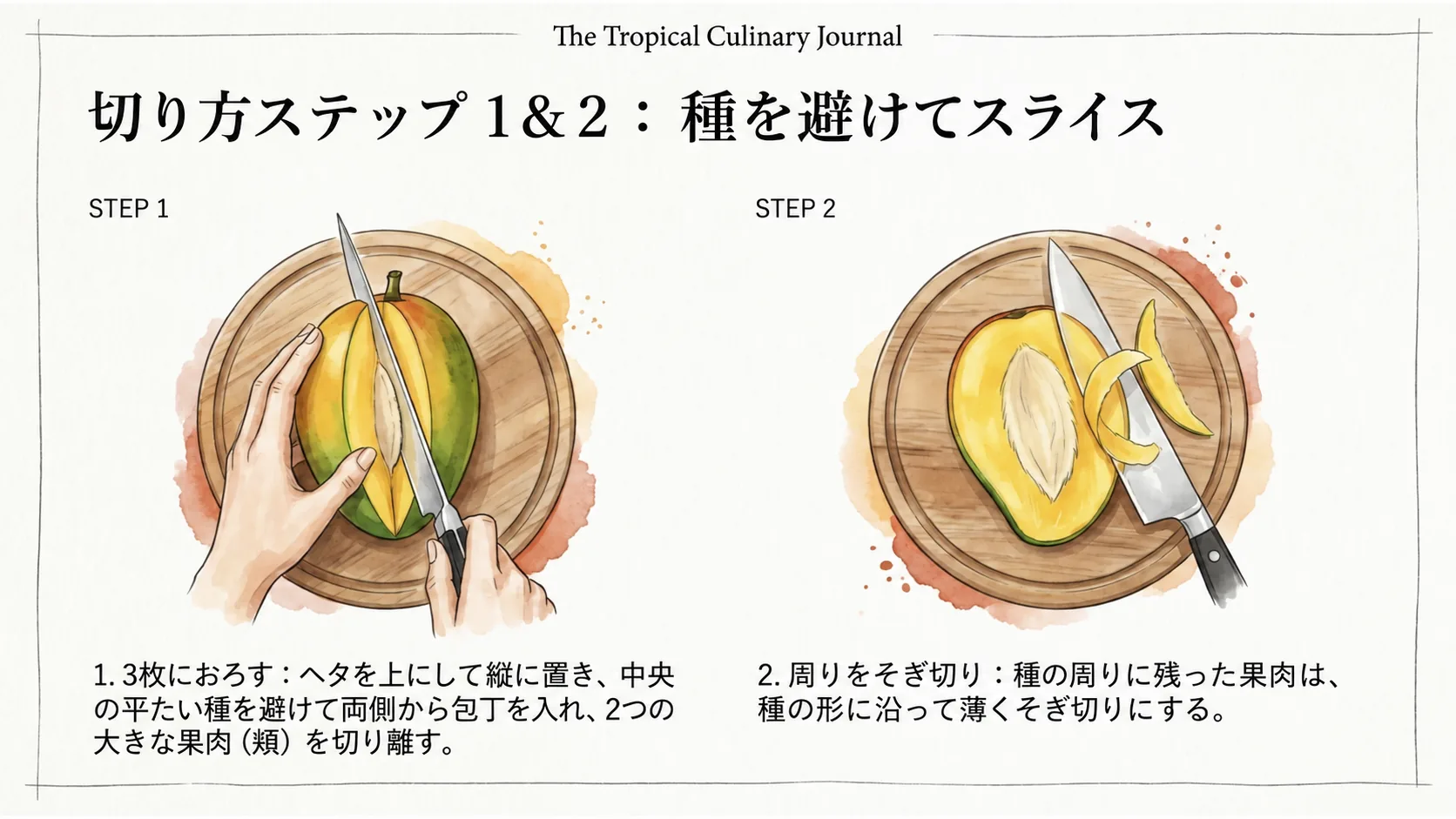 マンゴーを縦に置いて中央の平たい種を避け、両側の果肉と種周りの果肉を切り取る手順