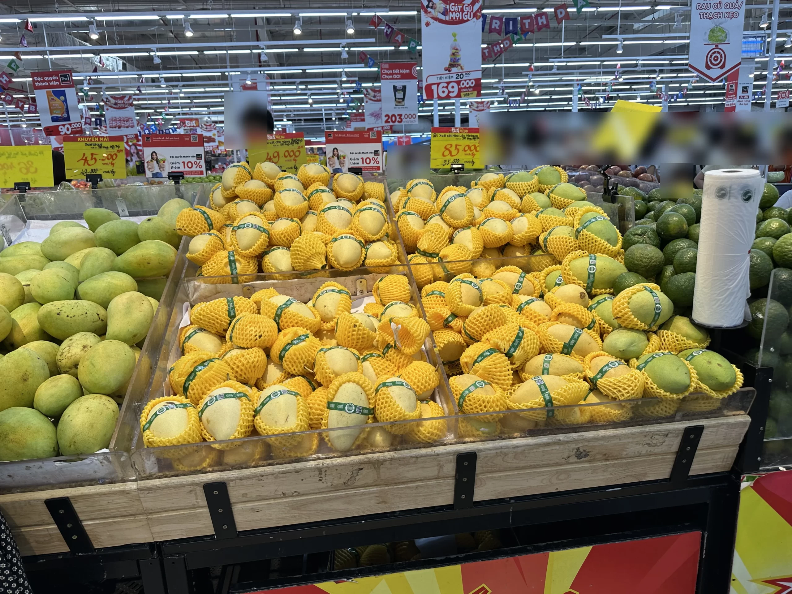 ハノイのスーパーのマンゴー売り場。カッチュー種49,000ドン/kg、カットホアロック種85,000ドン/kgの値札が並ぶ