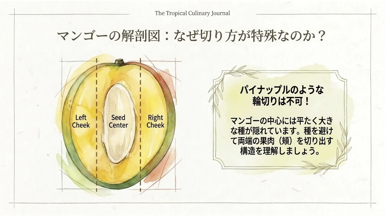 マンゴーの解剖図:なぜ切り方が特殊なのか?