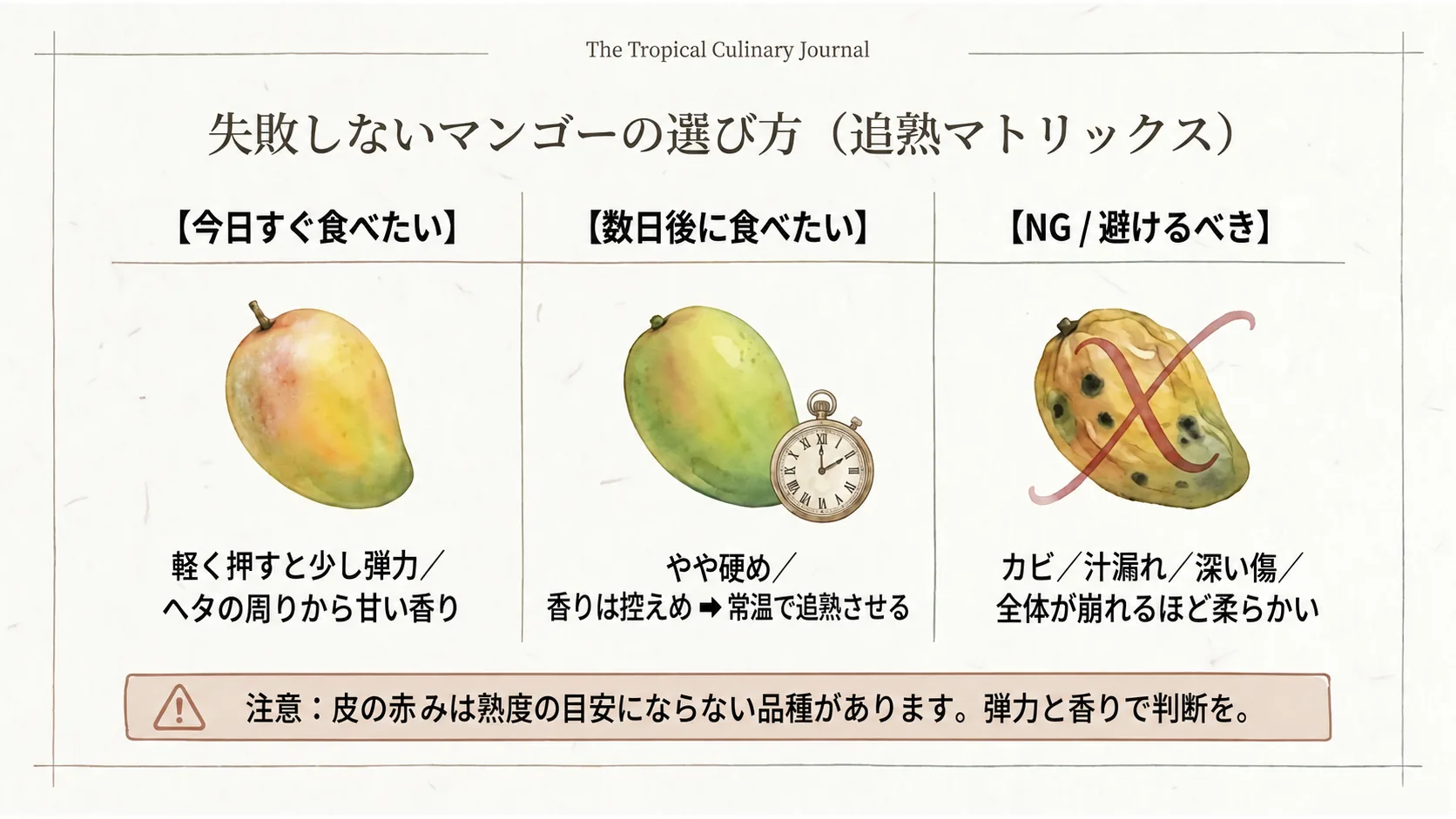 今日食べるマンゴー、数日後に食べるマンゴー、避けたい傷みのサインを3列で示した選び方表