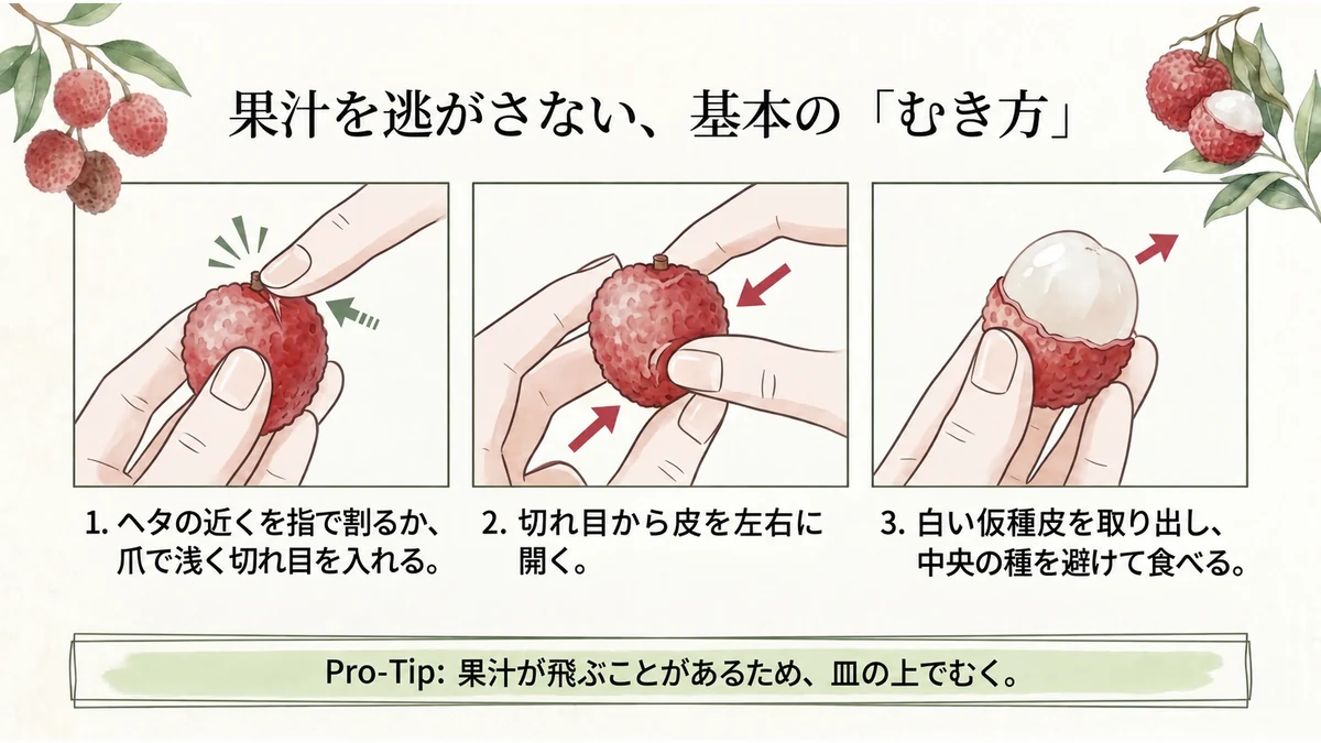 ヘタの近くで皮を割り、左右に開いて仮種皮を取り出す3ステップ