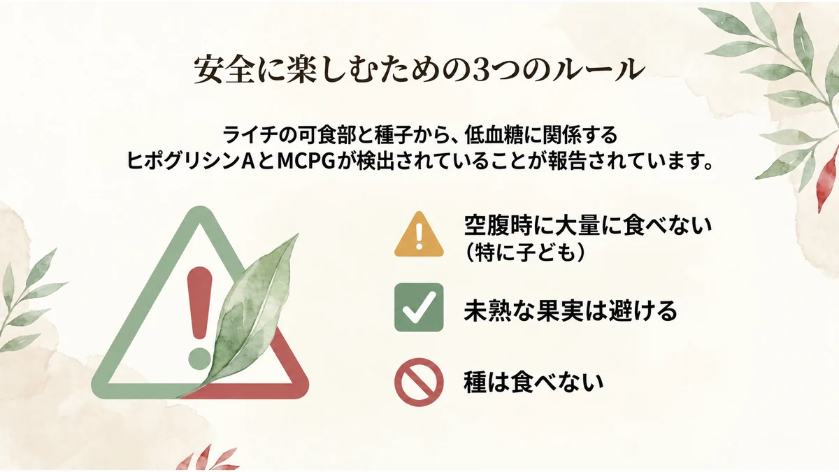 空腹時の大量摂取を避け、未熟な果実と種を食べないという注意点