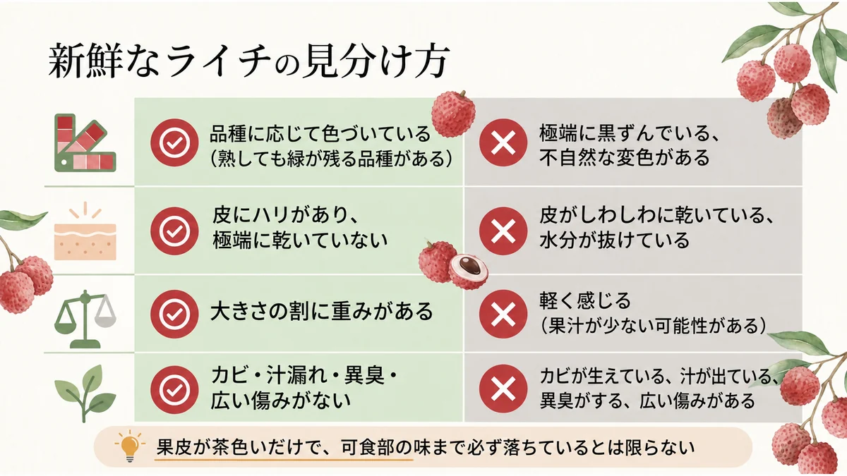 ライチの色づき、皮のハリ、重み、カビや傷みを確認する図解