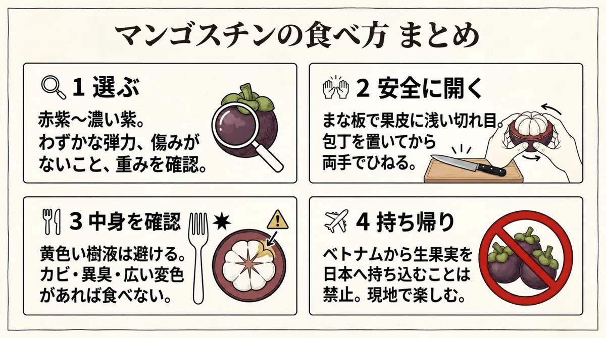 ベトナムのマンゴスチンの選び方、安全な開け方、中身の確認、持ち帰りをまとめた図
