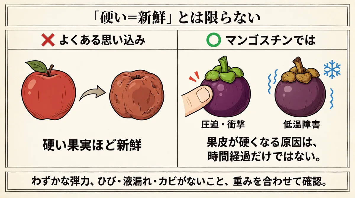 マンゴスチンは硬いほど新鮮とは限らず圧迫や低温障害でも硬くなることを示す図