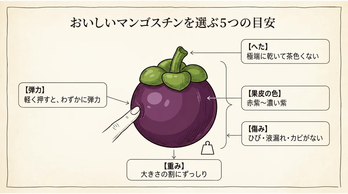 マンゴスチンを選ぶときに確認する果皮、傷み、へた、弾力、重み