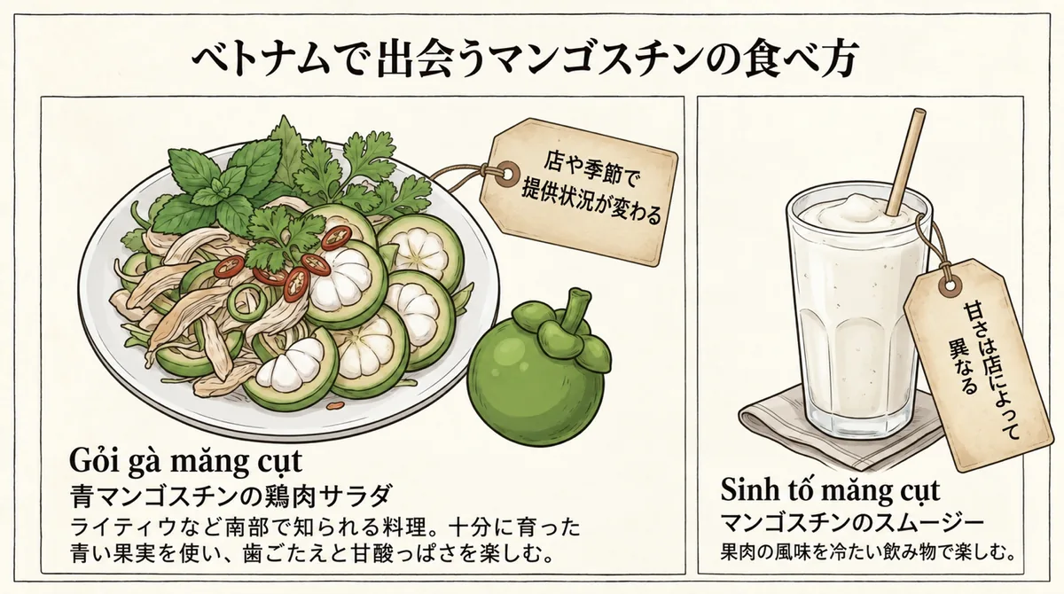 ベトナムの青マンゴスチンの鶏肉サラダとマンゴスチンスムージー
