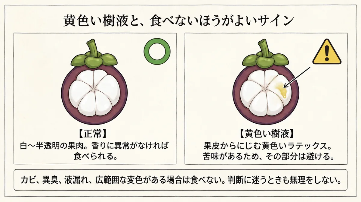 マンゴスチンの正常な白い果肉と苦味のある黄色い樹液、食べないサイン