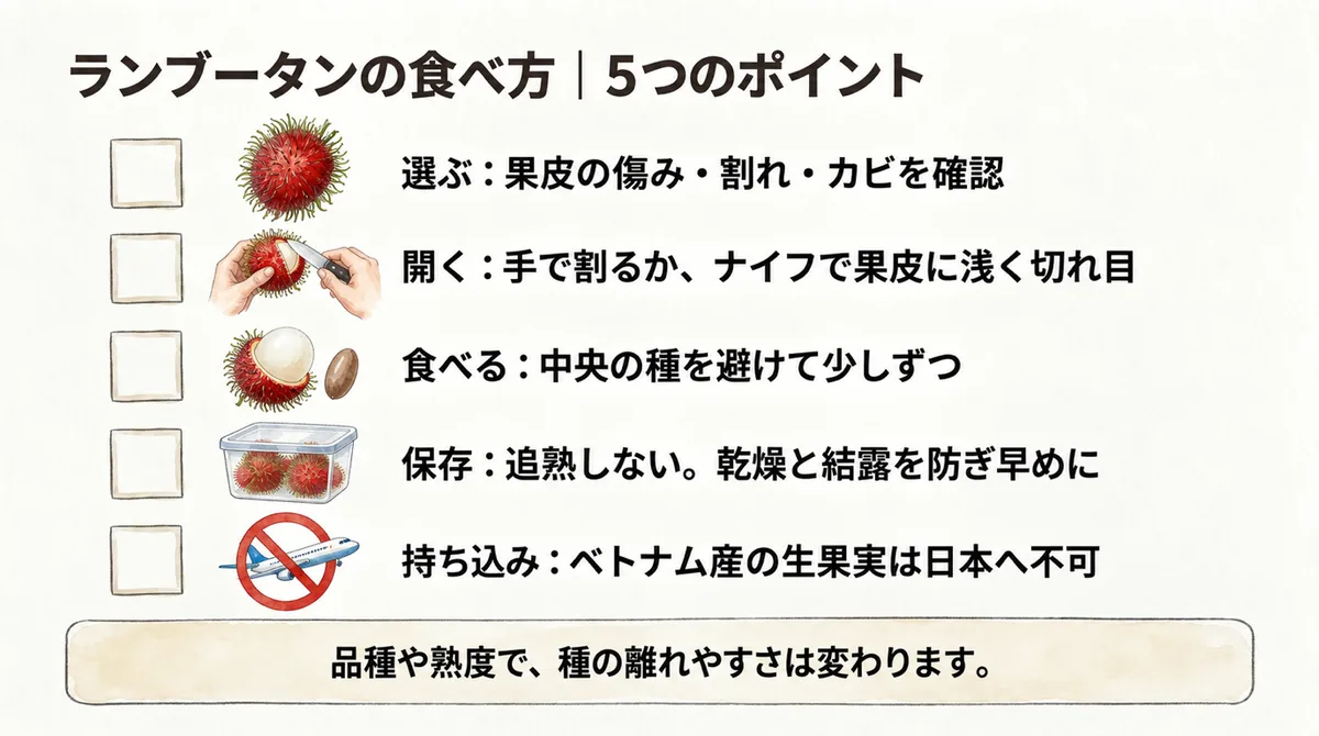 ランブータンの選び方、開き方、食べ方、保存、持ち込みの5つの要点